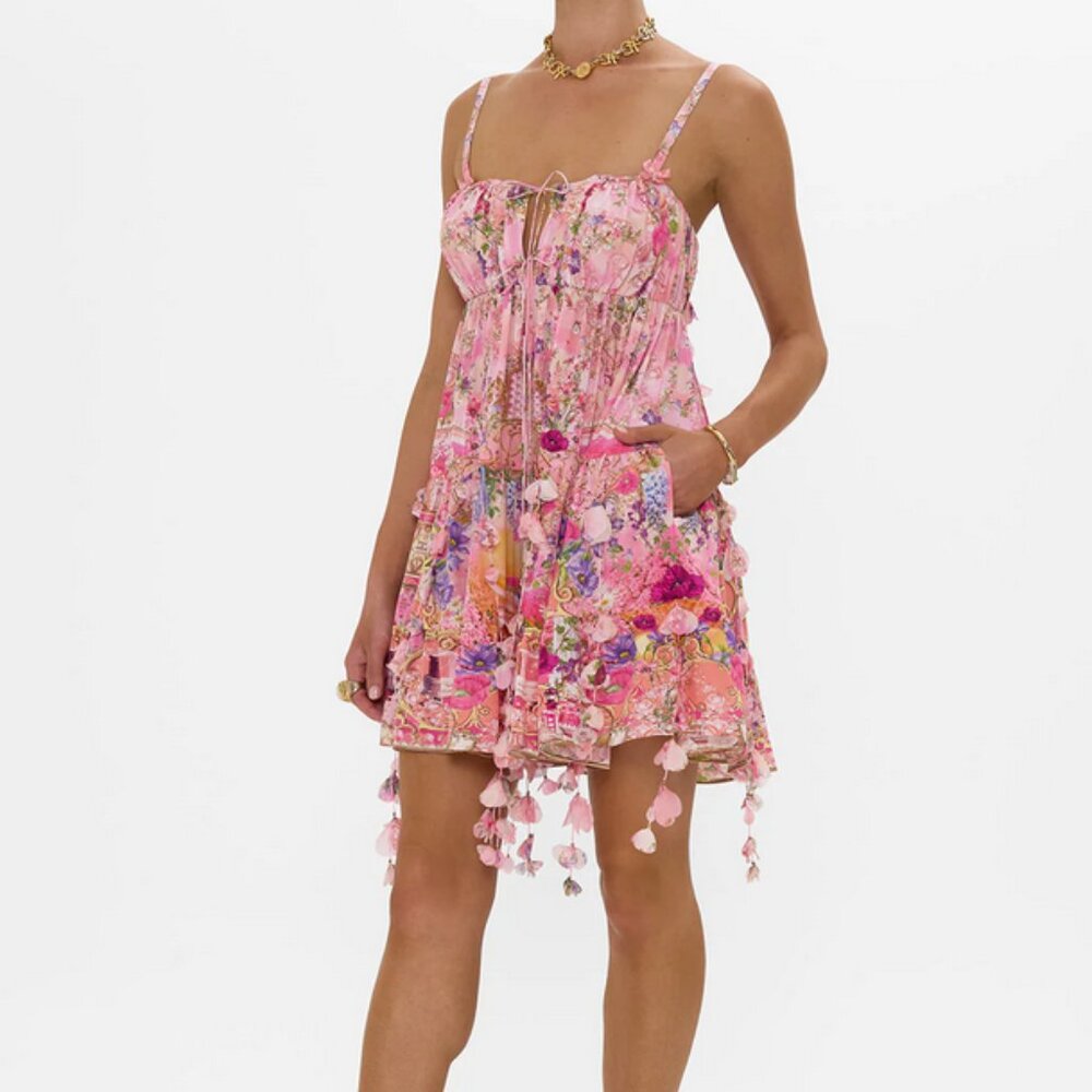 Camilla Floral Appliqué Gathered Silk Crepe Mini Dress